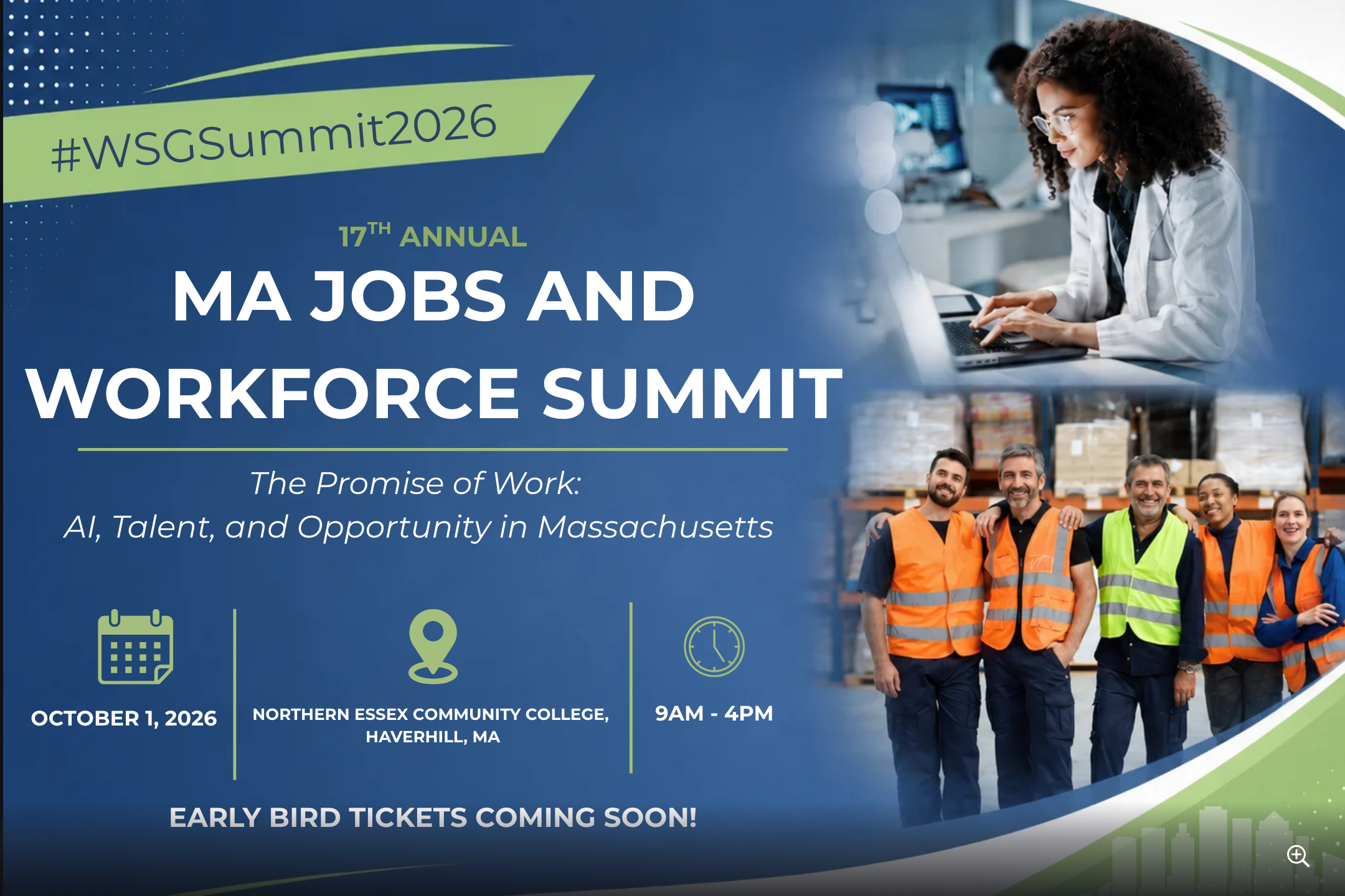 17th Annual MA Jobs and Workforce Summit — October 1, 2026, Northern Essex Community College, Haverhill, MA. Early bird tickets coming soon.